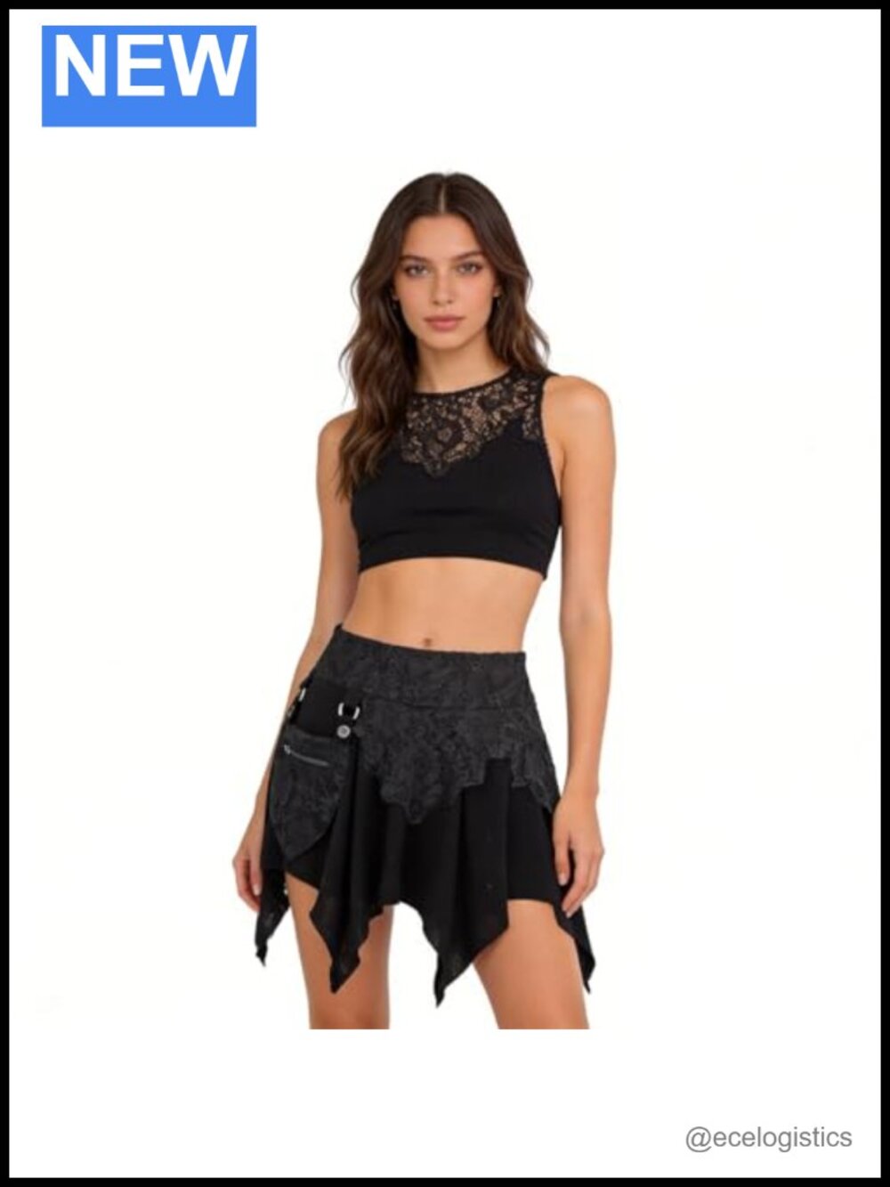 Layered Lace Medieval Skirt, Asymmetrical Hem, Side Pouch